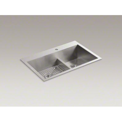 Kohler 33" x 22" x 9-5/16" Smart Divide® Top-Mount/Under-Mount Large/Medium Double-Bowl Kitchen Sink With Single Faucet Hole K-3839-1-NA
