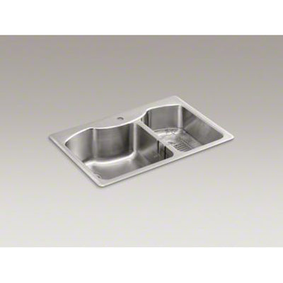 Kohler 33" x 22" x 9-5/16" Top-Mount Large/Medium Double-Bowl Stainless Steel Kitchen Sink With Single Faucet Hole K-3844-1-NA