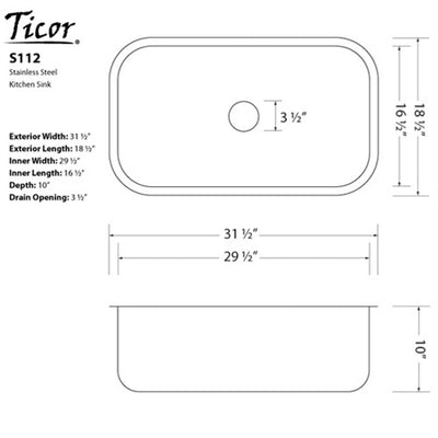 Ticor S112 Undermount Stainless Steel Single Bowl Kitchen Sink + Accessories