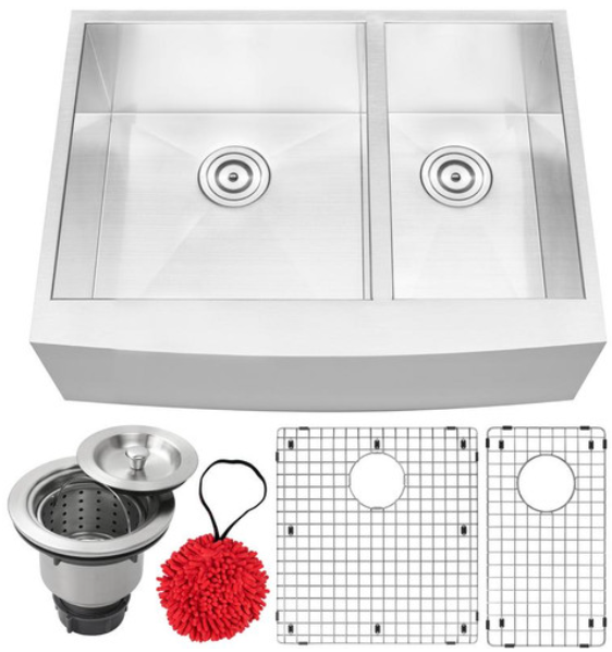 TICOR S4409 30" BRYCE SERIES CURVED APRON FRONT 16-GAUGE STAINLESS STEEL DOUBLE BASIN ZERO RADIUS KITCHEN SINK