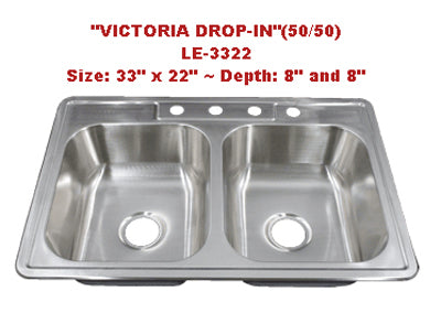 Leonet Victoria 50/50 Drop-In LE-3322 Double Bowl Stainless Steel Kitchen Sink